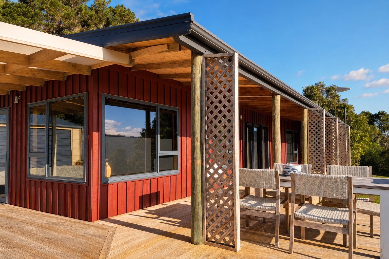 golden bay red weatherboard house deck